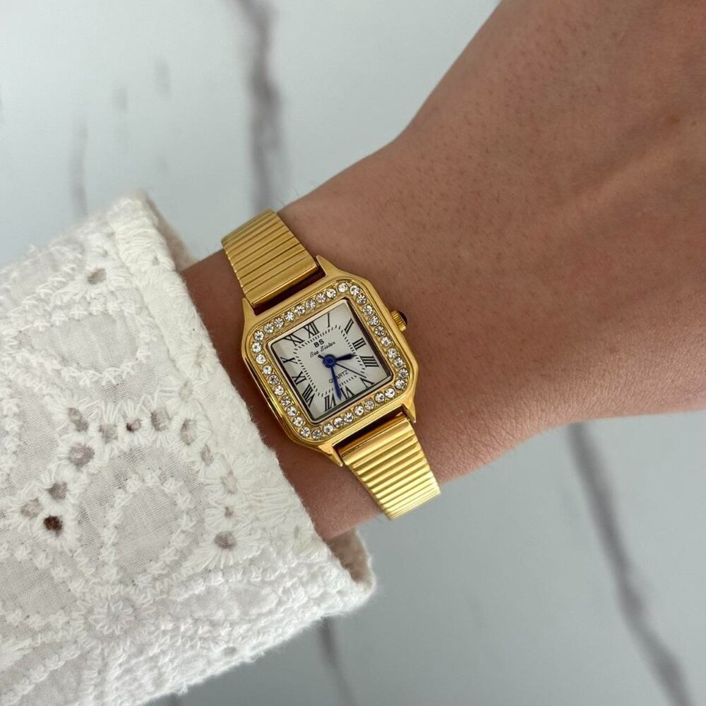 Sku0414 Retro Gold Zircon Gemstones Women Square Watch Stainless steel +gift bag